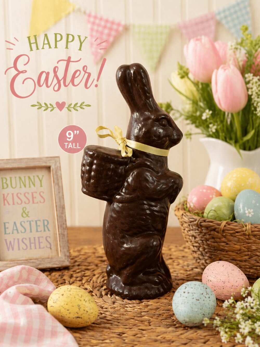 Handmade Ceramic Bunny Figurine 9” Tall | Chocolate Rabbit Statue | Folk Art Eas